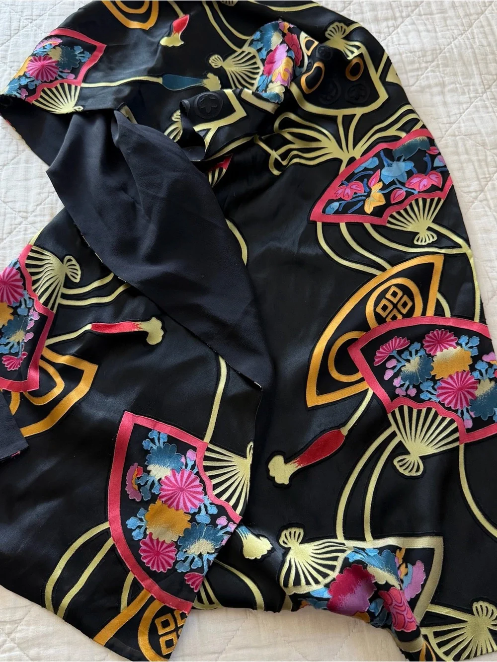 CHICOS Reversible Silk Rayon Scarf Wrap Black Floral Fan Print 13.5”x68”